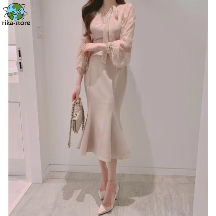 パーティードレス 結婚式 お呼ばれドレス マーメイドワンピース マーメイドドレス シアー袖 ボウタイリボン パフスリーブ 袖あり 長袖 黒 膝下丈