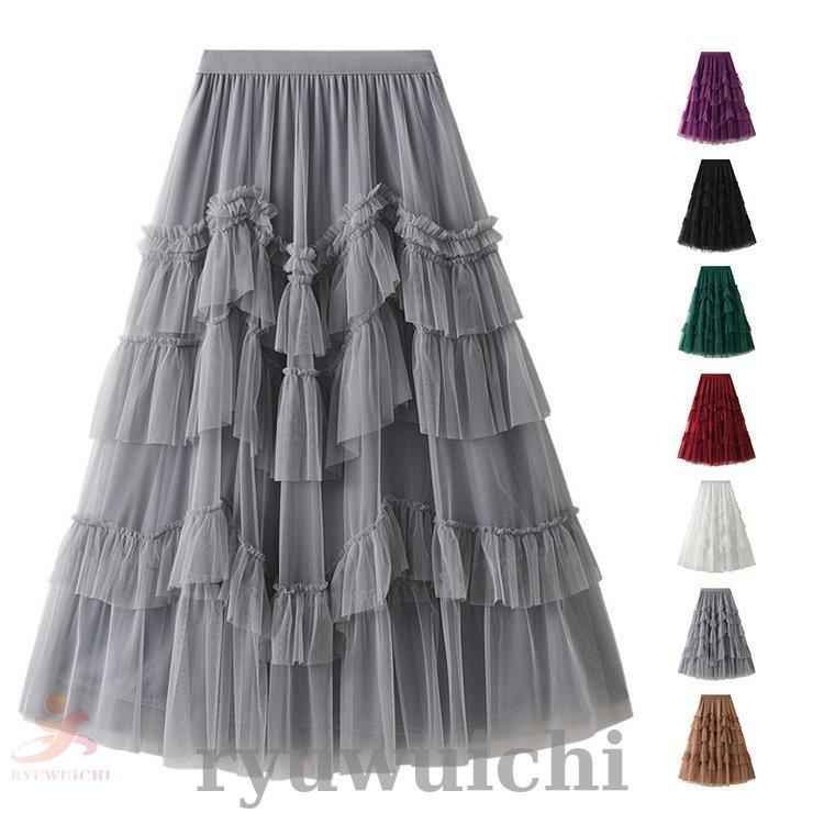 マキシ丈スカート レディース ロングカート スカート 夏 チュールスカート ウエストゴム 着やせ 上品 着回し 通勤(4)