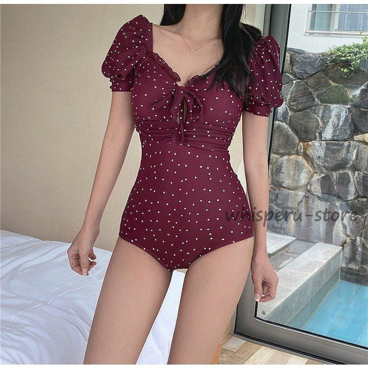 水着 レディース 50代 40代 30代 20代 半袖 Vネック オールインワン 水玉 体型カバー ビキニ ママ水着 大きいサイズ 可愛い ビーチ