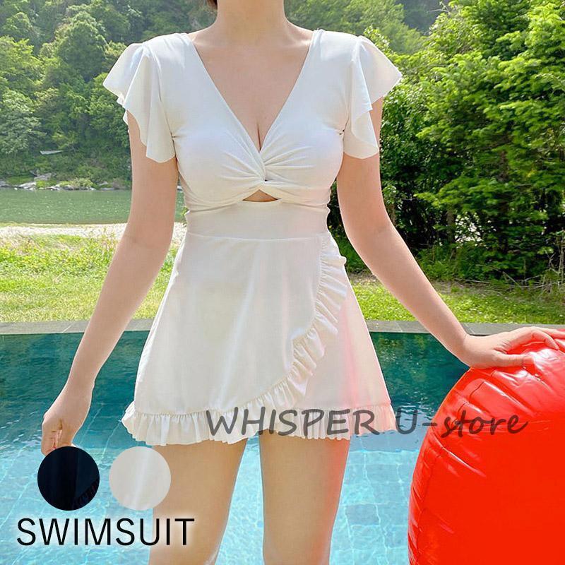 水着 レディース ワンピース 体型カバー水着 ぽっちゃり かわいい おしゃれ 無地 黒 フリル 袖 ハイウエスト 露出控えめ パッド付きビーチ ママ水着