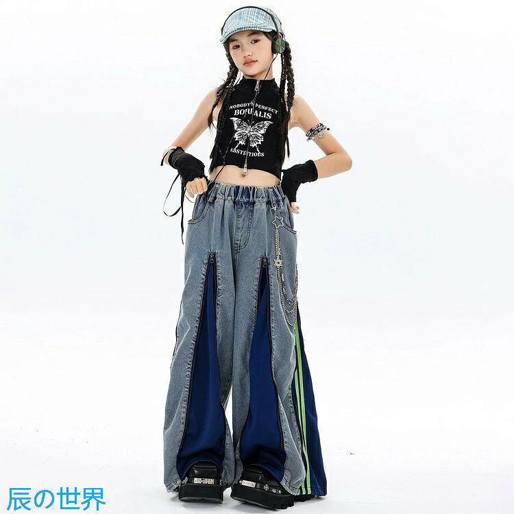 辰の世界のキッズ ダンス衣装 セットアップ 女の子 ダンス服 ベスト デニムパンツ 手袋 ウォレットチェーン カッコイイ ストリート 派手 韓国 K-POP 団体服 応援団 発表会 演出服 舞台服 練習着 ジャズダンス かっこいい 子供服 ロックダンス HIPHOP｜アングル3