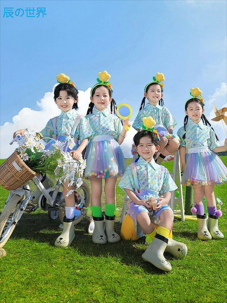 緑 水玉柄 チア チアガール キッズ ダンス衣装 半袖 女の子 男の子 子供 セットアップ シャツ パンツ スカート サロペット ヒップホップ ジャズダンス ポッピング k-pop hiphop jazz 幼稚園 発表会 応援団 演出服 舞台服 団体服 練習着 個性派 合唱団 おしゃれ 可愛い