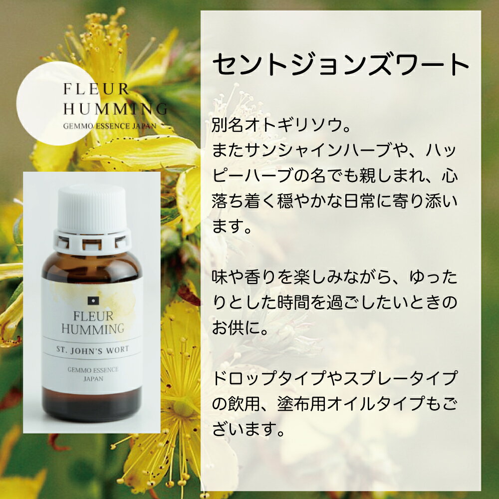 送料無料 ジェモエキス オトギリソウ セントジョンズワート 国産 無農薬 ハーブ スプレー 天然 サプリメント 植物療法士監修 気分転換 レスキュー セルフケア 自然食品 フラワーエッセンス サンシャインハーブ ハッピーハーブ ペットOK お子様OK 非加熱 手摘み 10ml