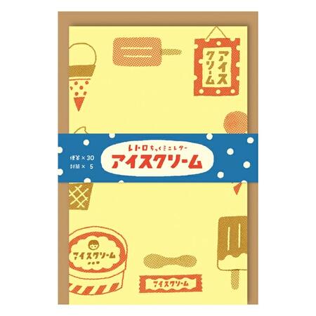 色付きの模造紙を使用した懐かしい雰囲気に、ちょっとかすれた印刷がレトロなミニレターセット。 レトロポップな色味で夏をカラフルに彩ります。 クリームソーダやコーン付きのアイスクリーム… 昔懐かしい夏のモチーフを散りばめました！ 30枚綴りなので、気軽にメモとしてもお使いいただけます。 サイズ：便箋/114×73mm・封筒/120×82mm　 内容：便箋30枚綴り、封筒5枚　　 素材：紙　 生産国:日本 ＊お使いのパソコンの環境等により写真の色目が若干異なります。ご了承下さい。 ＊店頭売りと在庫を併用しておりますのでご注文後でも在庫切れの場合がございますのであらかじめご了承下さい。