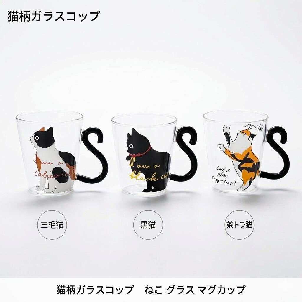 Rakuten - 【送料無料】猫柄ガラスコップ ねこ グラス マグカップ 耐熱ガラス しっぽハンドル 300ml 食洗機対応 三毛猫 黒猫 茶トラ猫 かわいい 猫好き プレゼント ギフト コーヒー お茶 耐熱 ガラス製