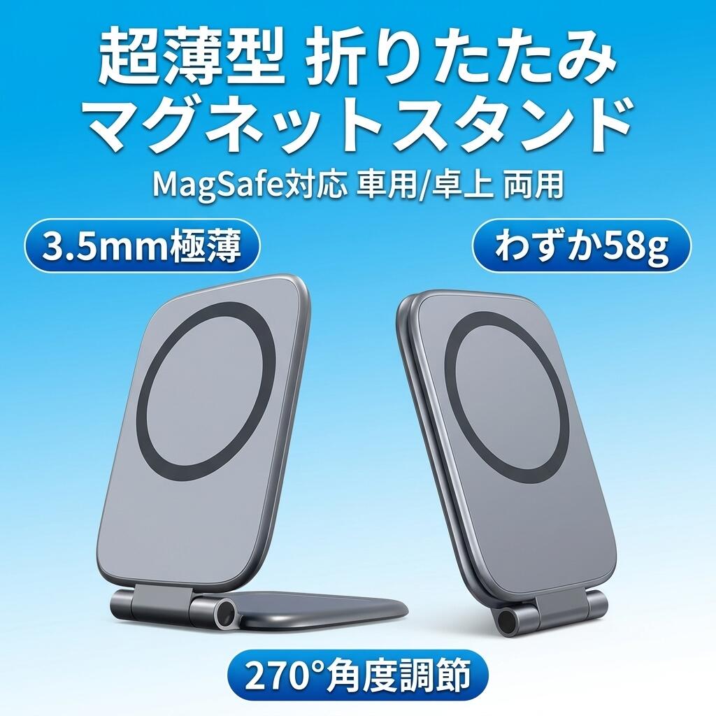 Rakuten - 超薄型3.5mm 折りたたみ マグネットスタンド MagSafe対応 車用/卓上 両用 270°角度調節 軽量58g スマホホルダー