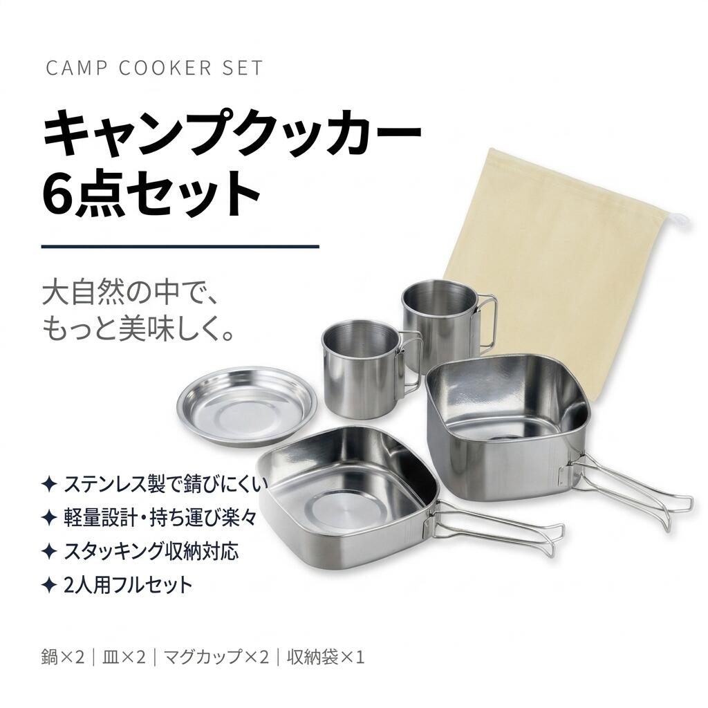 Rakuten - キャンプクッカー6点セット ステンレス 2人用 大鍋・小鍋・プレート・マグカップ スタッキング収納 折りたたみハンドル アウトドア キャンプ BBQ ソロキャンプ