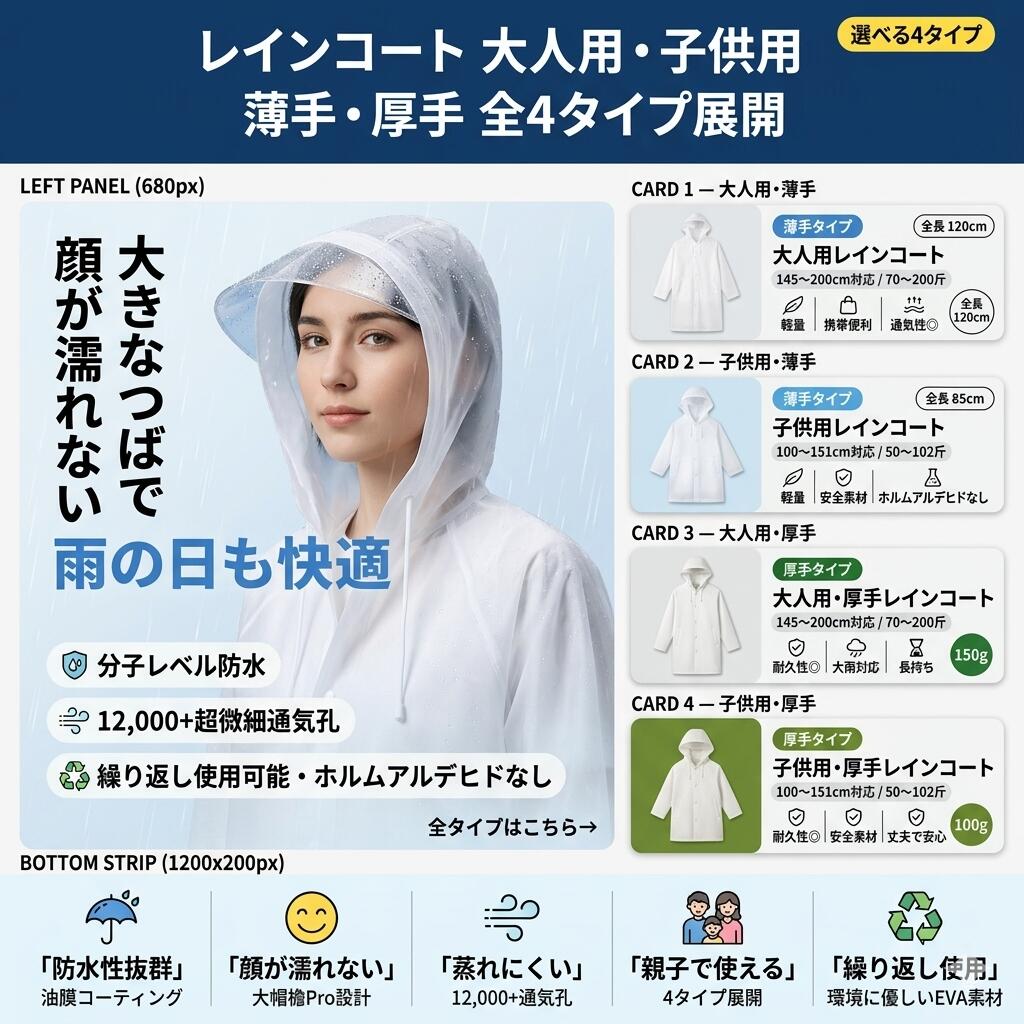 樂天商城 - 【レインコート 大人用・子供用 全4タイプ】薄手・厚手 選べる4タイプ 分子レベル防水 顔が濡れない大つば 12,000+通気孔 蒸れにくい EVA素材 ホルムアルデヒドなし 繰り返し使用可能 通勤 通学 アウトドア 雨具