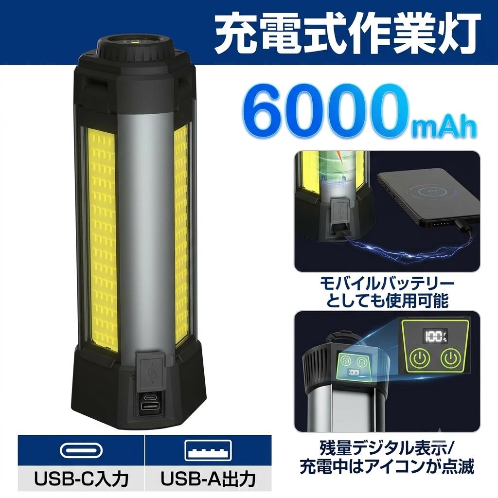 エブラブの伸縮ポータブルライト 作業灯 LED 充電式 6000mAh 三脚スタンド内蔵 マグネット搭載 COBライト 10段階調光 最大113.5cm伸縮 モバイルバッテリー機能 懐中電灯 折りたたみ キャンプ 車中泊 防災 送料無料｜アングル2