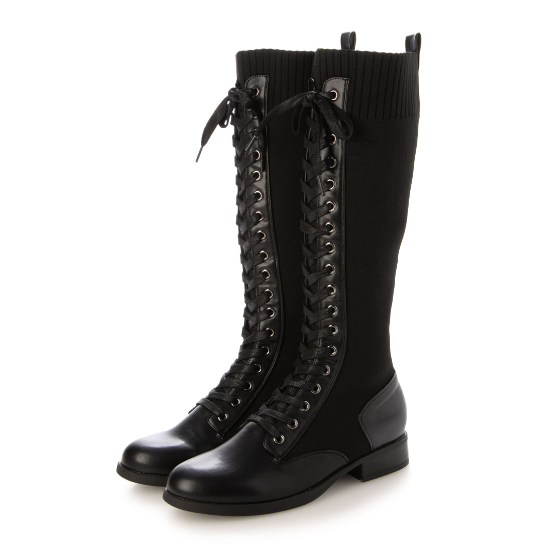 楽天EVOL 楽天市場店【公式】【SALE／33％OFF】イーボル EVOL レースアップロングブーツ ブーツ ロングブーツ ブラック レディース 靴 24aw 新作 ロング レースアップ ニット 美脚 伸縮性 歩きやすい スタイルアップ フラット ぺたんこ