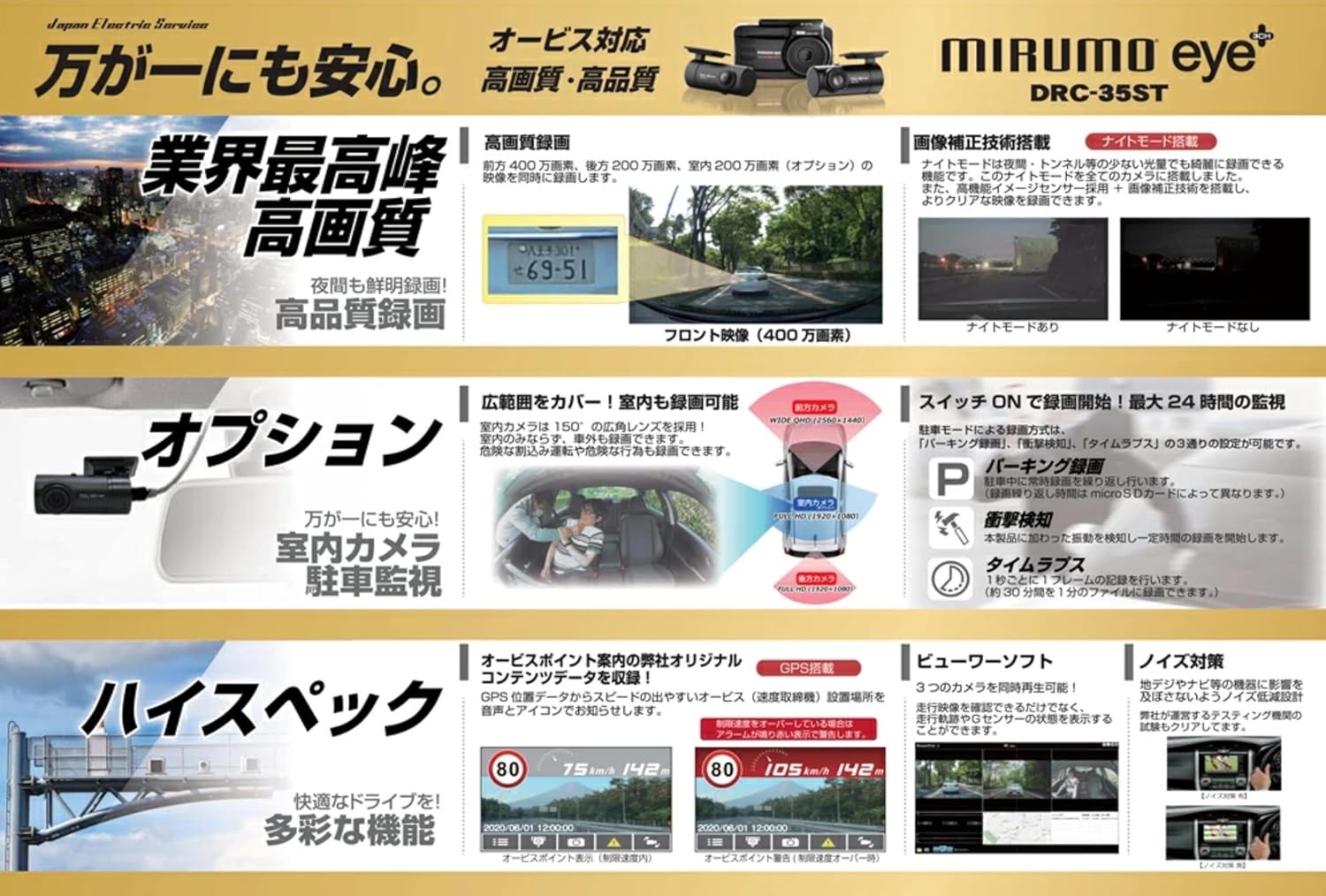 【DRC-35ST9】日本電機サービス 2カメラ ドライブレコーダー mirumo eye 前方 後方...