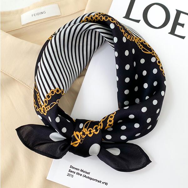 上品！スカーフ シルク96%以上 ミニスカーフ 高級プリント アクセサリー 高級感 女子力 大人気 おしゃれ 正方形 53*53cm ストライプ 水玉柄 春夏秋