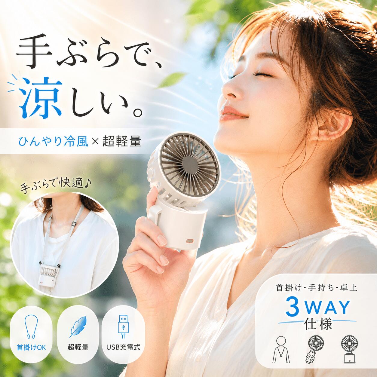 ＼夏対策 ／ハンディファン 携帯扇風機 首掛け扇風機 ネッククーラー 3WAY 手持ち扇風機 腰掛け扇風機 卓上扇風機 USB充電 小型 軽量 コンパクト 首かけ 通勤 通学 アウトドア 熱中症対策 プレゼント