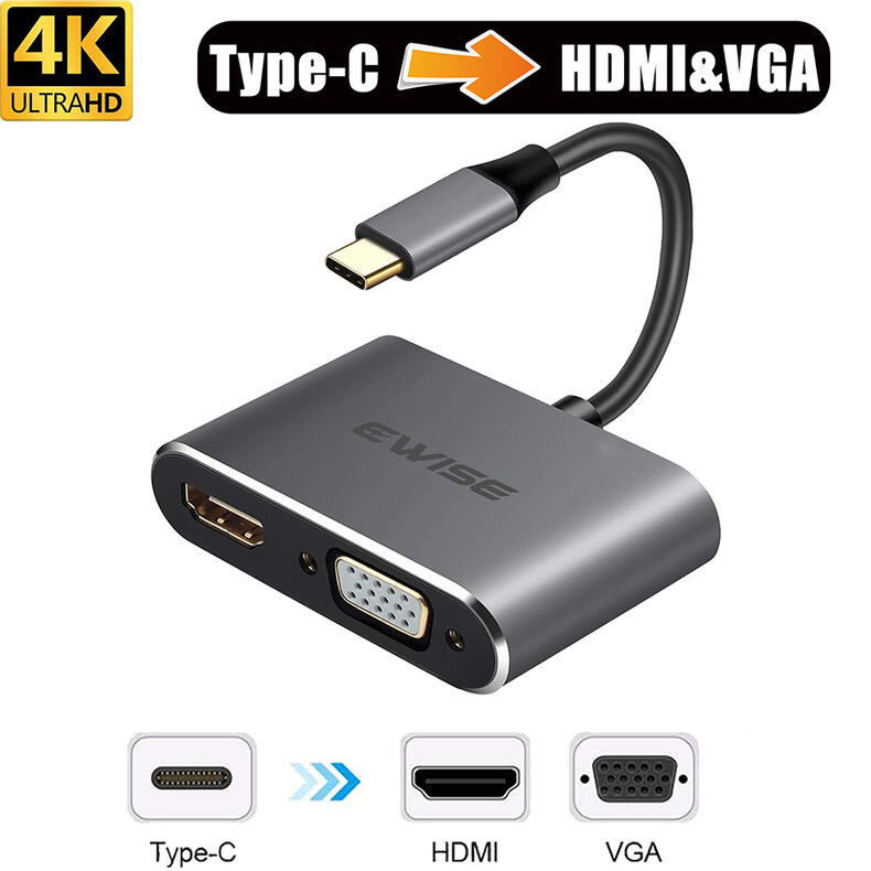 HDMI Ver2.1 ケーブル1mはこちら⇒ HDMI Ver2.1 ケーブル2mはこちら⇒ HDMI Ver2.1 ケーブル3mはこちら⇒ HDMI Ver2.0 ケーブル1mはこちら⇒ HDMI Ver2.0 ケーブル2mはこちら⇒ Ewise Type-C HDMI 変換ケーブル 【4K@30Hz】1.8mはこちら⇒ Ewise Type-C HDMI 変換アタプター【4K@60Hz】はこちら⇒ Ewise Type-C HDMI 変換アタプター【4K@30Hz】はこちら⇒ Ewise HDMI切替器 双方向 2入力1出力or1入力2出力はこちら⇒ 商品説明メーカー名E BOX 商品説明【同時出力】4K対応HDMI出力ポート/VGAコンバーターポートの接続が1つのアダプタで可能になりました。HDMI とVGAポート同時に出力することは可能です。HDMIのみ出力する場合：最大4Kx2K@30Hz、VGAのみ出力する場合：最大1920x1080@60Hz。HDMI とVGAポート同時に出力する時は1080Pです。VGA出力の場合、外部ディスプレイには映像のみ対応、音声の出力は不可です。 1つのType cポートから、同時にHDMIとVGAのモニターへ映像を表示することができます。 同じ画面を表示するミラーモードや、別の画面を表示させる拡張モードが使用可能、切替はWindows＋Pキーを押すだけで操作簡単です！ ビジネスやプレゼン、授業、学習などにもおすすめです。 コンパクトで軽量のため持ち運びも便利、様々なシーンでご利用頂けます。 スペックusbポート:Type c 出力：HDMI　＆　VGA【VGAの出力は映像のみで音声は出力しません】本体サイズ：約62x40x16mmケーブル長さ：約130mm材質:アルミニウム合金＋高耐久PVC