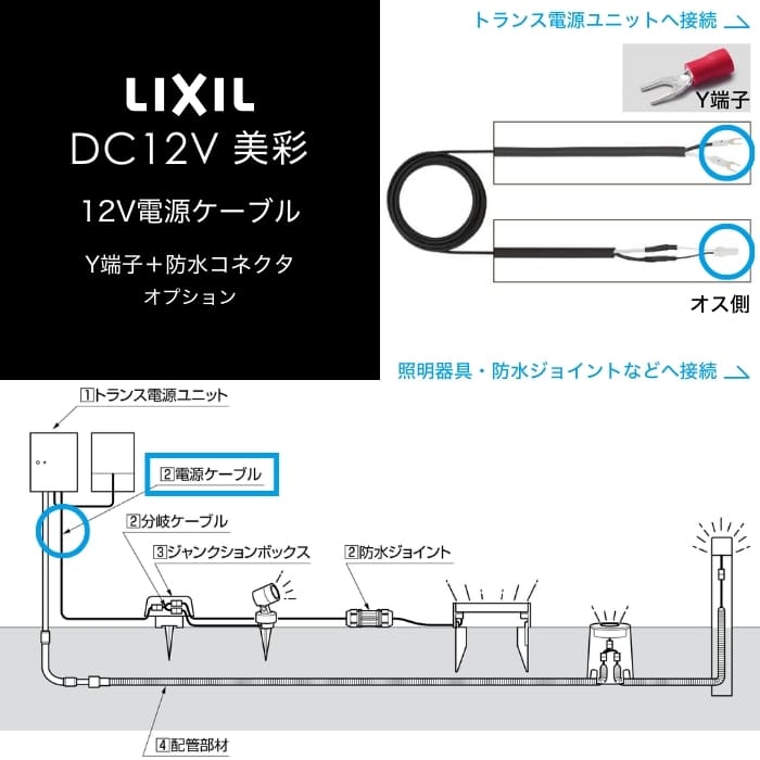 LIXIL エクステリアライト 美彩 12V電源ケーブル 1m〜30m Y端子＋CN IP67防水コネクタ VCTF 1.25sq 専..