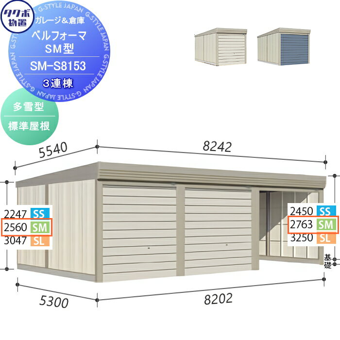 商　品　詳　細商品名物置 収納タクボ 物置 TAKUBO 田窪工業所ベルフォーマSM 多雪型 標準屋根 3連棟 標準3連棟SM-S8153シャッタータイプ 3連棟 収納庫 屋外 倉庫 駐輪 大型1棟あたりのサイズ（mm）間口8202mm×奥行き5300mm×高さ2763mm扉カラー・ムーンホワイト（W）・サルファーシルバー（S）送料※送料無料 北海道・沖縄県・離島は配達不可。 上記地域のご注文は自動キャンセル致します。必ずお読み下さい配送・注意事項ご注文の前に必ず別途、ご注文前の確認注意事項をお読み下さい。 注意事項を全てご承諾いただいたとしてご注文は受付致します。 ご不明な点はご注文の前にお電話にてご相談ください。 &nbsp; ※本商品はお客様組立ての商品となっております。 ※メーカーの物流事情により、制約があります。 ※離島・山間部や道幅が狭い地域等、配送が不可能な場合もございます。配送の可不可については事前にご確認をお願い致します。 ・お届けは平日の日中(9時~17時頃まで)のみです。土日、夜間の配送はできません。 ・ご不在のお届けはできません、必ずご在宅の日にちを確認致します。 ・できるだけお客様のご希望日にお届けできるように手配致しますが、 　ご希望に添えない場合もございます。 ・配送の時間指定はできません。配達日には必ず1日ご在宅下さい。 &nbsp; ※道幅が狭いなど、商品を運ぶトラックの通行が困難と思われる場合、事前にご相談ください。 ・基本は4t車の運搬になります。 ・敷地内や玄関前までトラックが着けない場合はお客様の責任でお運びいただきます。 ※ビル・マンション等へのお届けは、1階エントランスでのお渡しとなります。 　2階以上にはお客様にてお運び下さい。 ※お客様都合の返品は如何なる理由でもお受けしておりません。 ※必ず設置可能か、ご購入前にお確かめ下さいませ。 ※組立には、専門的な知識と、道具、技能が必要となります。組立は専門業者にご依頼下さい。 ※必ず、部品箱内の【組立説明書】に手順に沿って、組み立てを行ってください。 ※必ず、説明書をお読み頂きご使用くださいませ。ご注意事項・商品画像について：商品イメージ画像には製品以外のブロックや基礎、土間、換気扇、小物等等やオプションの小窓、樋等が映っている物がございますが各製品の基本仕様以外の物は価格に含まれておりません。基本仕様をご確認頂き変更をご希望の場合はご注文前にお問い合わせ下さい。・確認申請について：建築基準法の規定により建築確認申請の手続きが必要な場合があります。また、用途地域により様々な制限をうけますので、ご購入前に各市町村の建築課にご相談ください。施工について※施工はお客様にて責任を持ってご手配ください。 ※施工には、専門的な知識と、工具、技術が必要となります。 ※お近くの施工業者様に設置を依頼して頂くようお願い致します。 ※お近くの施工業者様に相談の上、設置を依頼して頂くようお願い致します。関連商品検索はこちらから 可愛い・おしゃれな物置を多数準備 屋外設置の大型・小型物置きやガレージやゴミ集積所用商品を取り揃えております。商品作成準備中の物もございますのでご希望の商品が見つからない場合はお問い合わせ下さい。個別見積り致します。 【イナバ物置 稲葉製作所】アイビーストッカー・タイヤストッカー・シンプリー・ナイソー・ナイソーシスター・ネクスタプラス・フォルタ・ドマール【タクボの物置 田窪工業所】グランプレステージジャンプ、ドアーズ・Mr.ストックマン・ペインタ・Mr.トールマン・・シャッター式扉物置・クリーンキーパー・ガレージ倉庫 ベルフォーマ・カールフォーマ・自転車置き場【ヨドコウ・ヨド物置（淀川製鋼所）】エスモ・エルモ・エルモシャッター・エルモコンビ・エルモ連続型・ヨド蔵MD・ごみ収集庫当店おすすめ物置・ゴミ収納庫・ランキングをご紹介しております。ランキングページから、お求めの物置・ゴミ収納庫を検索する事ができます。 ★物置・倉庫 売れてる人気ランキングはこちら こちらの商品の、お支払い方法は、代金引換を選択できませんのでご了承下さい。また、配送日・配送可能場所などの確認の連絡を注文後にいたしますのでご了承くださいませ。 ●タクボ物置（田窪工業所）の商品一覧●イナバ物置（稲葉製作所）の商品一覧●ヨドコウ・ヨド物置（淀川製鋼所）の商品一覧 ●サンキン物置のカテゴリ一覧●ディーズガーデン 物置のカテゴリ一覧　※ タクボ物置・配達注意事項