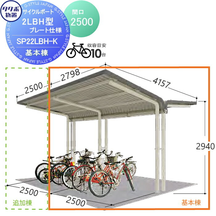 【無料★特典対象】 サイクルポート タクボ 物置 TAKUBO 田窪工業所 SP2LBH型シリーズ 10台用 ZAN仕様 基本棟 ベースプレート仕様 柱間2500屋根奥行き4157高さ2940 SP22LBH-K 自転車 屋根 駐輪 diy バイク置き場 集合住宅 雨よけ