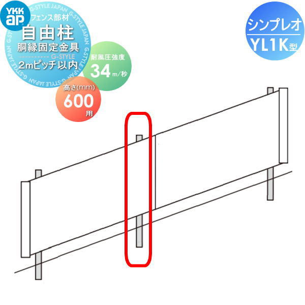 【部品】 フェンス YKK YKKap シンプレオフェンスYL1K型用 自由柱+胴縁固定金具セット H600 耐風圧強度34m秒相当仕様 柱ピッチ 2m以内 旧13K型 境界 屋外 アルミ 形材フェンスガーデン DIY 塀 壁 囲い