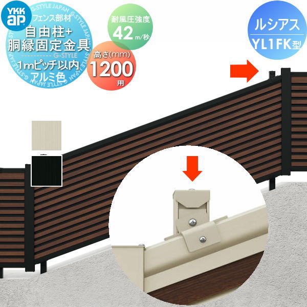 【部品】 フェンス YKK YKKap ルシアスフェンスYL1FK型用 自由柱+胴縁固定金具セット H1200 耐風圧強度42m 秒相当仕様 柱ピッチ1m以内 旧F05K型 境界 屋外 アルミ 形材フェンスガーデン DIY 塀 壁 囲い
