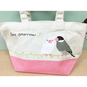 【piシリーズ】ランチバッグ　★文鳥　《チャック付》　◆◆ ことり 小鳥 雑貨 グッズ 鳥柄 ミニトート型 台形 ファスナー 内ポケット マチ付き マチ広 コンパクト 軽量 小さめ 自立 丈夫 手提げ お弁当 水筒 ランチトート 布バッグ かわいい おしゃれ トーシンパック