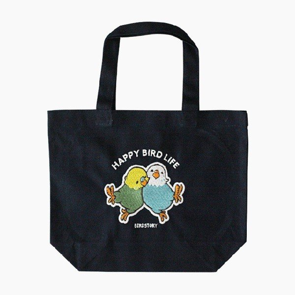 【BIRDSTORY】刺繍ランチトート　HAPPY BIRD LIFE　★セキセイインコ　ネイビー　◆クリックポスト対応◆　雑貨 バッグ ランチバッグ ランチトート ミニトート 小トート かばん カバン 帆布バッグ エコバッグのサムネイル