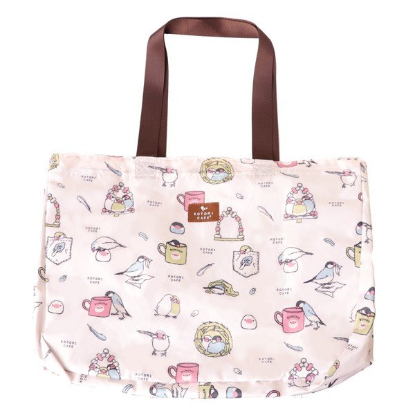 【ことりカフェ】ショッピングバッグ　★ 文鳥　ピンク　◆クリックポスト対応◆　文鳥 グッズ かわいい レジカゴバッグ 雑貨 キッチン用品 エコバッグ お買い物 買い物袋 収納 折り畳みバッグ ナイロンバッグ 母の日 誕生日 プレゼント 新生活 大きめ