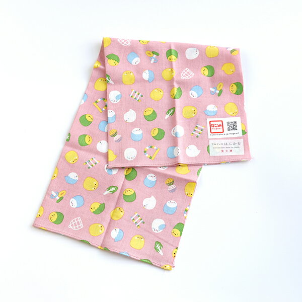 【なごみ×濱文様】手ぬぐいのハンカチ　★セキセイインコ　ピンク　◆クリックポスト対応◆　ことり 小鳥 雑貨 和雑貨 ハンカチ タオル 手ぬぐい てぬぐい なごみシリーズ ことりカフェ心斎橋 かわいい おしゃれ 誕生日 プレゼント