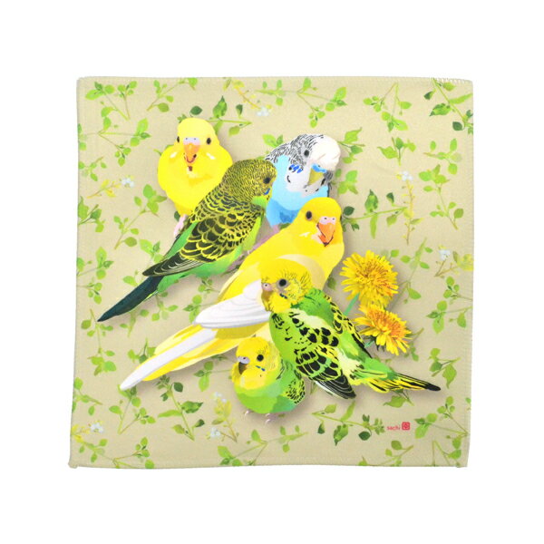 ハンドタオル セキセイとひよこ草 ◆ゆうパケット対応◆ セキセイインコ ことり 小鳥 雑貨 グッズ 25×25cm 角型 マイクロファイバー 吸水速乾 イラスト かわいい おしゃれ キュート 鳥柄 草花 リアルタッチ 水彩画タッチ クリエイティブモーション【とりアート】