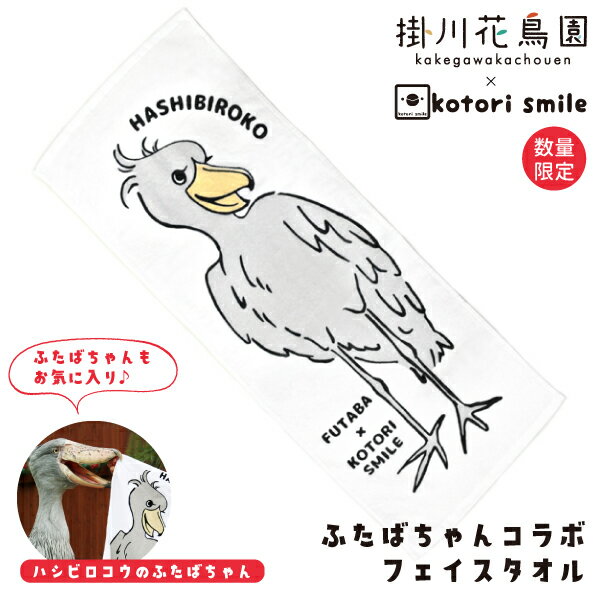数量限定★【掛川花鳥園 × kotori smile】フェイスタオル　★ふたばちゃん《ハシビロコウ》　◆◆　ハシビロコウ ことりスマイル 掛川花鳥園 フタバちゃん 小鳥 鳥 贈り物 ギフト プレゼント 贈答品 雑貨 タオル 携帯タオル 収納タオル お風呂 バス用品のサムネイル