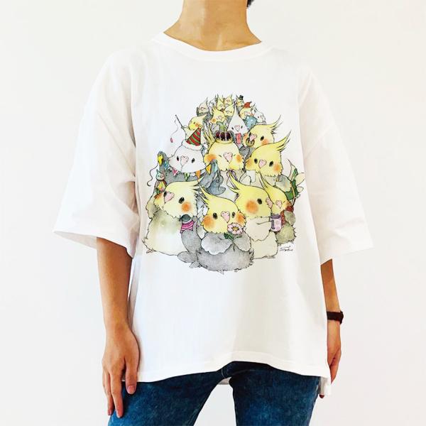 ビックTシャツ オカメぞろぞろ Lサイズ　オカメインコ ことり 小鳥 雑貨 グッズ 半袖 クルーネック ビッグシルエット 綿100％ 裾スリット ゆったり イラスト かわいい インパクト カジュアル レディース メンズ 女性 男性 大人 ユニセックス 男女兼用