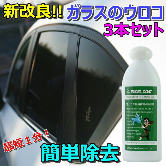 車 洗車グッズ 洗車用品 ガラス ウロコ取り 水垢 ガラスクリーナー フロントガラス 窓ガラス用鱗状斑点除去剤 200g 3本セット スポンジ＆クロス付き うろこ落とし クリーナー シリカスケール 車 イオンデポジット ウォータースポット 除去剤 エクセルコート 業務用