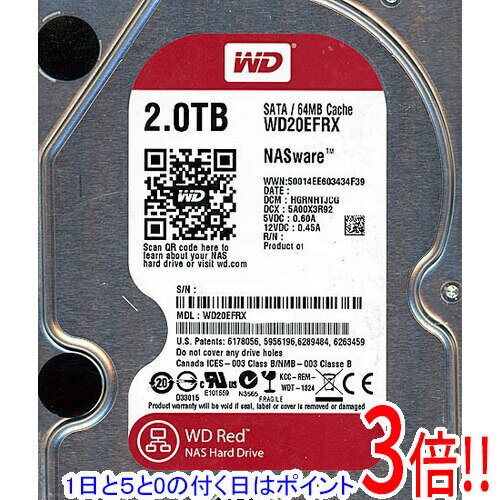【1日と5.0のつく日、18日はポイント3倍！】【中古】Western Digital製HDD WD20EFRX 2TB SATA600 4000〜5000時間以内