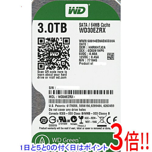 【1日と5.0のつく日、18日はポイント3倍！】【中古】Western Digital製HDD WD30EZRX 3TB SATA600 8000..