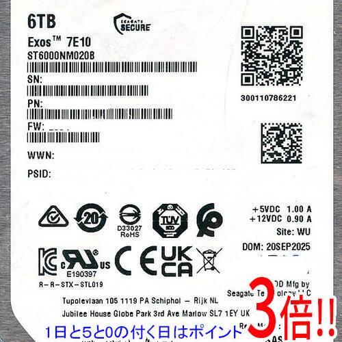 【1日と5.0のつく日、18日はポイント3倍！】SEAGATE HDD ST6000NM020B 6TB 7200 SAS3.0