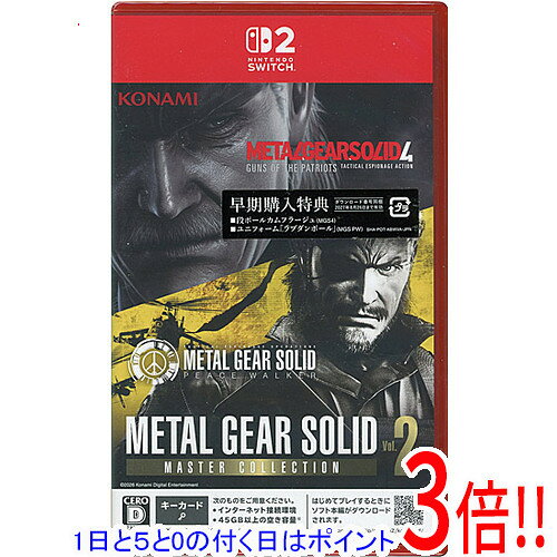 商品名METAL GEAR SOLID： MASTER COLLECTION Vol.2 早期購入特典付き Nintendo Switch 2商品状態新品です。※本商品は、製品の性質上、開封後の返品はお受けできませんのでご了承ください。仕様[仕様]ジャンル：タクティカル・エスピオナージ・アクション、タクティカル・エスピオナージ・オペレーション販売形態：パッケージ版(キーカード)Nintendo Switch 2 専用：○オンライン：対応CERO：CERO「D」17歳以上対象[プレイ人数]その他人数：オフライン:1人/オンライン:最大6人付属品☆早期購入特典：METAL GEAR SOLID 4 GUNS OF THE PATRIOTS (MASTER COLLECTION版) 特典 : 段ボールカムフラージュMETAL GEAR SOLID PEACE WALKER(MASTER COLLECTION版)特典 : ユニフォーム『ラブダンボール』付き！その他※掲載画像は代表画像です。実際の商品と細部が異なる場合がございますので、商品状態につきましては表記の内容をご確認ください。※返品についてはこちらをご覧ください。※プロダクトコードなどのコード付き商品について 有効期限の記載がない商品は有効期限が終了している場合があります。 有効期限につきましては、メーカーにてご確認ください。　