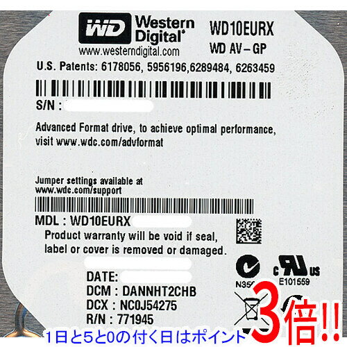 【1日と5.0のつく日、18日はポイント3倍！】【中古】Western Digital製HDD WD10EURX 1TB SATA600 500〜1000時間以内