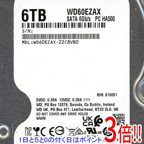 【1日と5.0のつく日、18日はポイント3倍！】【中古】Western Digital HDD WD60EZAX 6TB SATA600 5400 200〜500時間以内