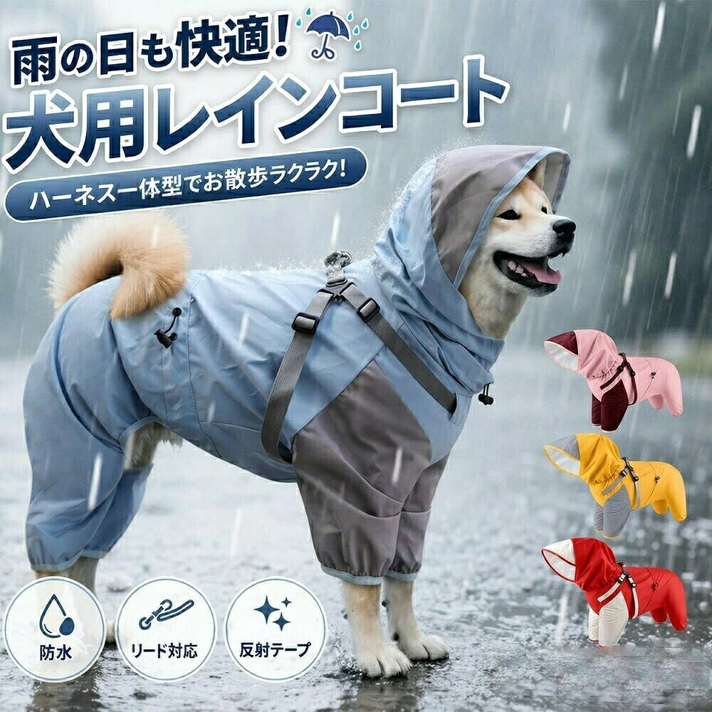 犬レインコート小型犬中型犬用大型犬の解説雨の日も快適なお散歩を! 防水・撥水素材で、愛犬をしっかり雨から守るレインコート。 ハーネス一体型で着脱も簡単、毎日の散歩がもっとラクに、もっと楽しくなります。【特徴】雨や泥をしっかり弾き、濡れにくくお手入れも簡単。雨の日でも安心してお散歩できます。リードの取り付けが簡単!別途ハーネス不要で、すぐにお出かけ可能。全身を覆う設計で、雨や汚れからしっかりガード。足元までしっかり守ります。背中ファスナー仕様で、スムーズに着せられる。忙しい時でもストレスフリー。首回り・胸囲・お腹部分は調整可能。愛犬の体型にぴったりフィット。シーンに合わせて使い分け可能。雨の日でも顔まわりをしっかりカバー。犬レインコート小型犬中型犬用大型犬の詳細商品種別ペット・ペットグッズ>犬用品>首輪・胴輪・リード>ハーネスレインコート【こんな方におすすめ】・雨の日でも散歩したい方・愛犬をしっかり濡らしたくない方・着脱が簡単なレインコートを探している方用途例・愛犬を安全に散歩させるためだけでなく、首や気管が弱い犬や引っ張り癖がある犬のしつけなどにおすすめの犬用ハーネスです、・小犬や老犬にも適しています、普段のお散歩にも便利なアイテムです。仕様・防水・撥水でしっかりガード・ ハーネス一体型で着脱ラクラク・ 四脚タイプで全身カバー・フード付き(取り外し可能)適合犬種(超小型犬、小型犬、中型犬、大型犬)トイプードル チワワ ポメラニアン マルチーズ ヨークシャーテリア(ヨーキー) 豆柴 カニンヘンダックスフンド パピヨン ミニチュアダックスフンド ミニチュアシュナウザー 柴犬 シーズー パグ ビションフリーゼ ジャックラッセルテリア ペキニーズ イタリアングレーハウンド ミニチュアピンシャー キャバリア ボストンテリア フレンチブルドッグ 柴犬 ウェルシュコーギーペンブローク ボストンテリア ボーダーコリー ビーグル アメリカンコッカースパニエル シェットランドシープドッグ 日本スピッツ ブルドッグ 秋田犬 アフガンハウンド イングリッシュセター ゴールデンレトリバー ラブラド-ルレトリバー ゴードンセッター コリー シェパード ドーベルマン バーニーズマウンテンドッグ ロットワイラー ワイマラナー スタンダードプードルカラーレッド(Red/赤/紅)、イエロー(yellow、黄色い)、ブルー(blue/青/あお)、ピンク(pink、桃色、薔薇色、桜)サイズS、M、L、XL、2XL、3XL※体重、犬種はあくまで参考です。同体重でも胸の張り具合や毛ぶきによってサイズが前後しますので、ご購入の際は必ず胴周りを基準にお選びくださいますようお願い致します。犬服のサイズ測り方・胴周り:胴で一番太い前足の付け根あたりを測ります。・着丈:首輪をしている位置から尻尾の手前まで。・首周り:首輪をしている位置の周囲。※採寸する際は愛犬が自然に立った状態(床と水平)で計測して下さい。素材ポリエステル別名犬用レインコート ハーネス一体型 四脚 防水 撥水 小型犬 中型犬 雨具 犬服 散歩用 ウェアハーネス、ペット用胴輪ハーネス、ソフトベストハーネス、ハーネスリード首輪セット、犬ハーネス、シンプルハーネス、犬用ハーネス、ハーネス&リードセット、スーパーハーネス&リード、 小型犬ハーネスリードセット、ハーネスリード セット、ベストハーネス配送納期・当日13時までお支払い完了確認ができれば、翌日到着(北海道、沖縄、九州、離島、山間部を除く)犬用レインコート ハーネス一体型 四脚 ペット ペットグッズ 続々入荷中 ブルー ピンク レッド イエロー S M L XL 2XL 3XL犬用レインコート ハーネス一体型 四脚 ペット ペットグッズ 新作 ブルー ピンク レッド イエロー S M L XL 2XL 3XL