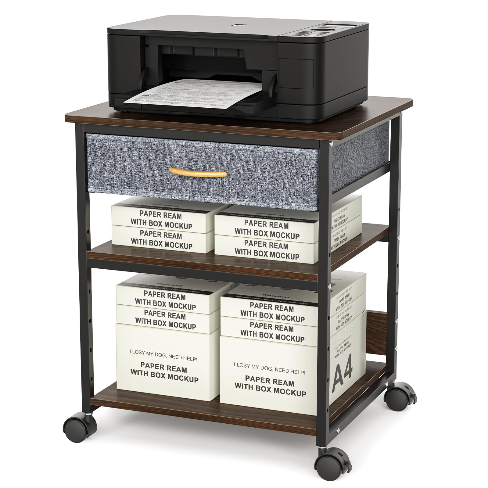 DEWEL プリンター台 キャスター付き 布製引き出し 幅60cm 奥行50cm 高さ70cm 総耐荷重80kg 調整可能 組..