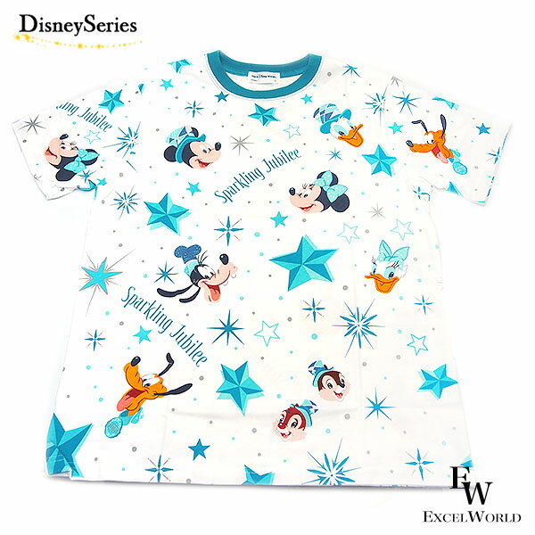 樂天商城 - Tシャツ ディズニーの仲間たちがデザインされた総柄 スパークリング・ジュビリー ディズニー25周年 ジュビリーブルーのグッズ ディズニーシー限定グッズ ギフト プレゼントにも