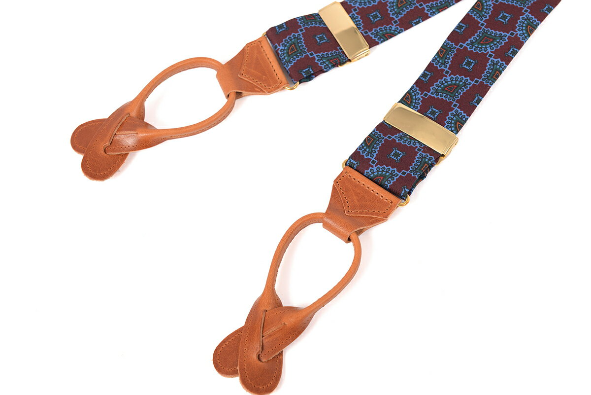 アルバートサーストン 結婚式 サスペンダー 蝶ネクタイ 小紋柄レッド ブルー 38mm シャツ生地タイプ Albert Thurston Braces メンズ 結婚式ベスト ブランド