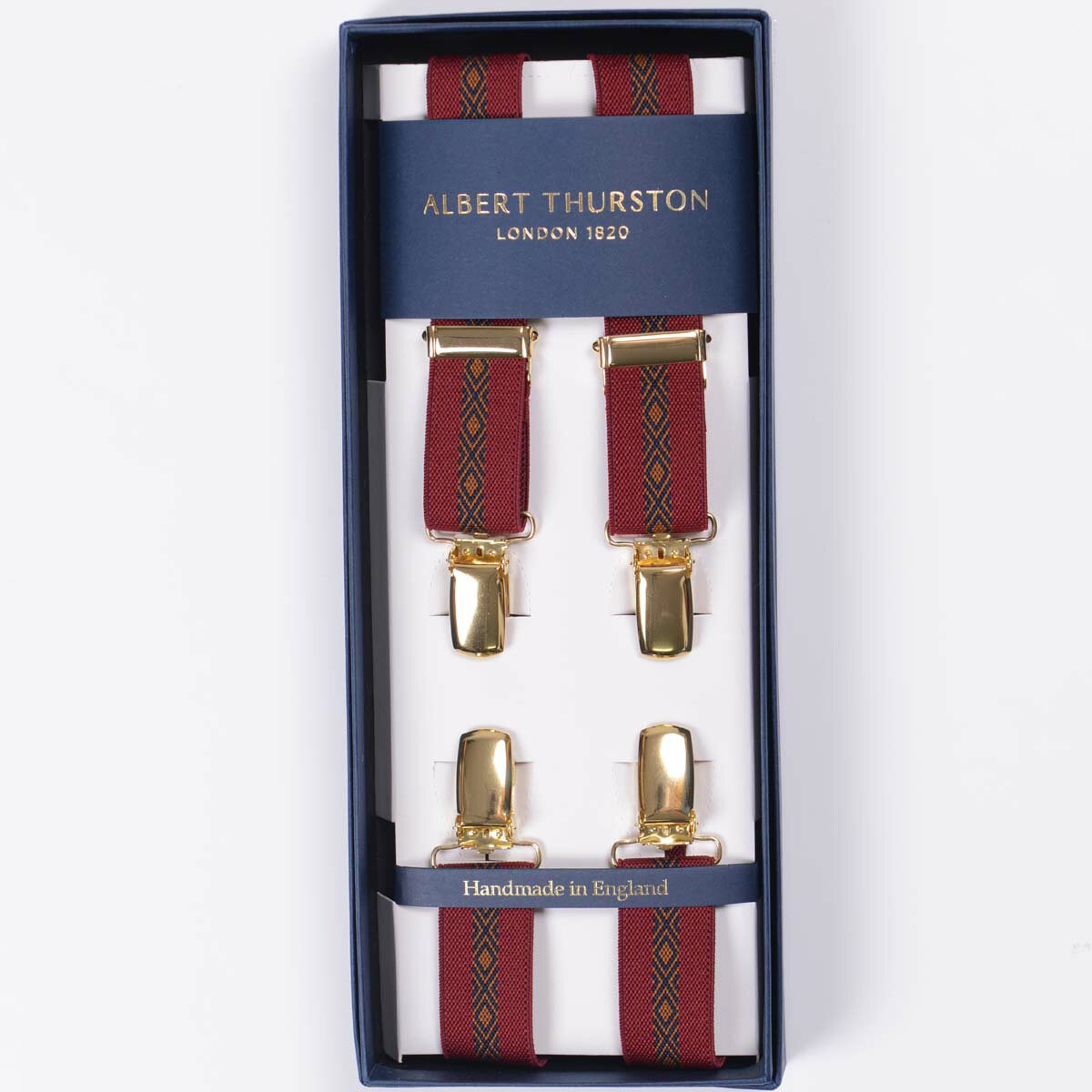 アルバートサーストン X型クリップ留め サスペンダー エラスティック(ゴム)レッド/ダイヤ柄/ALBERT THURSTON X type Clip Braces Solid Elasticメンズ ブランド