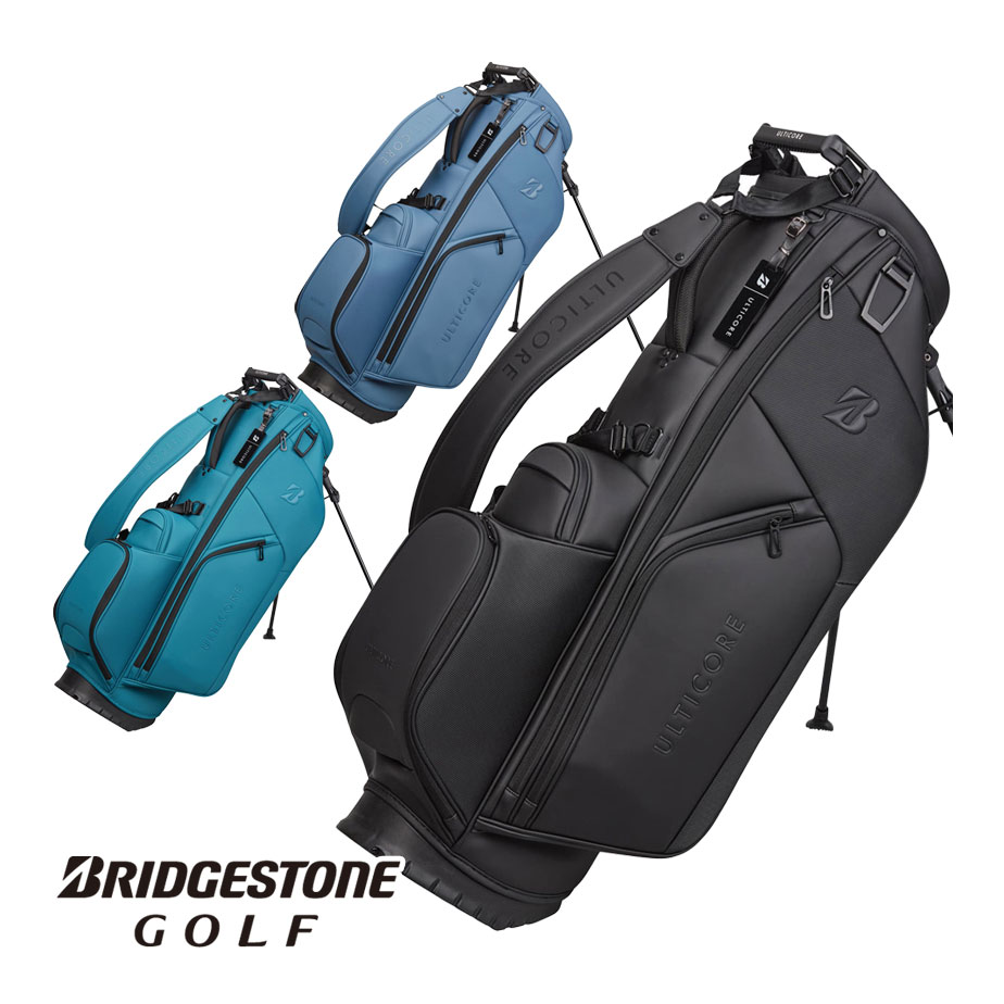 　ブリヂストン ゴルフ ULTICORE スタンド キャディバッグ メンズ CB2631 ULTICOREらしいマットなカラーと質感が魅せる、高機能スタンドバッグ マットなカラーリングに高周波ロゴが上質さと高級感を演出。ポケットにもこだわり、フロント部は開閉しやすいマグネット仕様、左サイド部(内側)は保冷素材でボトル収納としても使用できます。さらに、持ち運びに便利な口枠部分のハンドル機能や、タオルやポーチを吊り下げるのに便利なマルチリングも付いています。同シリーズに、ラウンドトートバッグ(AC2631)とヘッドカバー(HC2631)のコーディネイト小物もラインアップしています。 【商品仕様】 ■素材：合成皮革 ■重量：3.9kg ■口枠サイズ：9.5型 ■口枠素材：ポリエステルメッシュ ■47インチ対応 ■オリジナルネームタッグ付 ■3点式ショルダーベルト仕様 ■機能：トッププラスグリップ、セパレーター ※画像内の小物類は使用イメージです。付属しておりません。