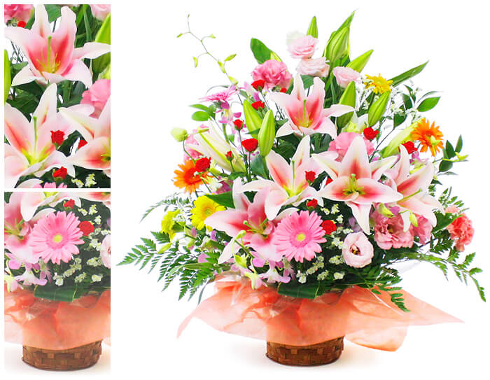 祝電 誕生日 アレンジメントフラワー ｢豪華なユリのアレンジ｣と電報セット 送料無料 お祝い ギフト 電報 結婚式 文例 メッセージ 結婚祝い プレゼント 成人式 成人祝い 2026 合格祝い 長寿祝い 開業 開店祝い おしゃれ お花 特大 立て札 即日発送 翌日配達