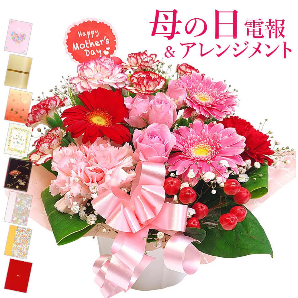 樂天商城 - 【母の日ギフト2026】フラワー ｢アレンジメント・グラシアス｣と電報セット 送料無料 お祝い 母の日 花 カーネーション フラワーギフト プレゼント 女性 お母さん 母親 義母 妻 彼女 おしゃれ かわいい 30代 40代 50代 60代 即日発送 翌日配達