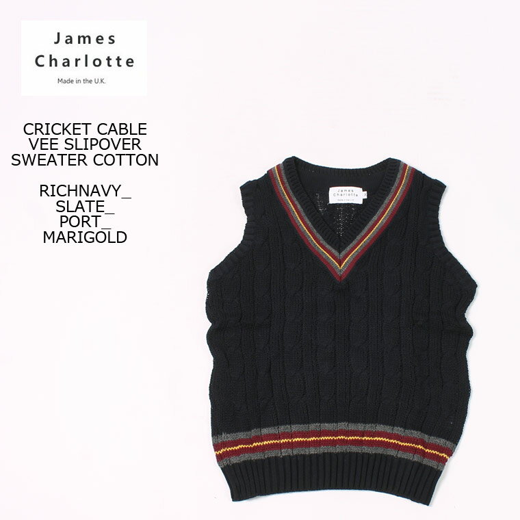 【モアセール 2020 スプリング&サマー】JAMES CHARLOTTE (ジェームス シャルロット) CRICKET CABLE VEE SLIPOVER SWEATER COTTON - RICH NAVY + SLATE_PORT_MARIGOLD ニットベスト メンズ