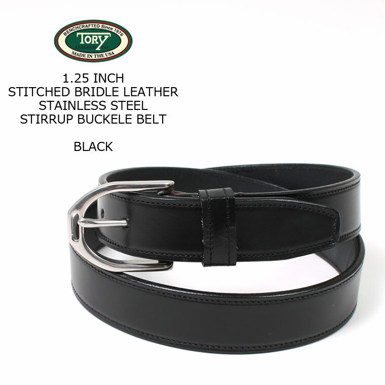 TORY LEATHER (トリーレザー) 1.25 INCH STITCHED BRIDLE LEATHER STAINLESS STEEL STIRRUP BUCKLE BELT - BLACK レザーベルト メンズ