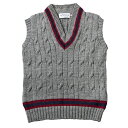 JAMES CHARLOTTE (ジェームス シャルロット) CRICKET CABLE VEE SLIPOVER 100% BRITITSH WOOL SWEATER - STEEL - Lt BURGUNDY_NAVY_Lt BURGUNDY