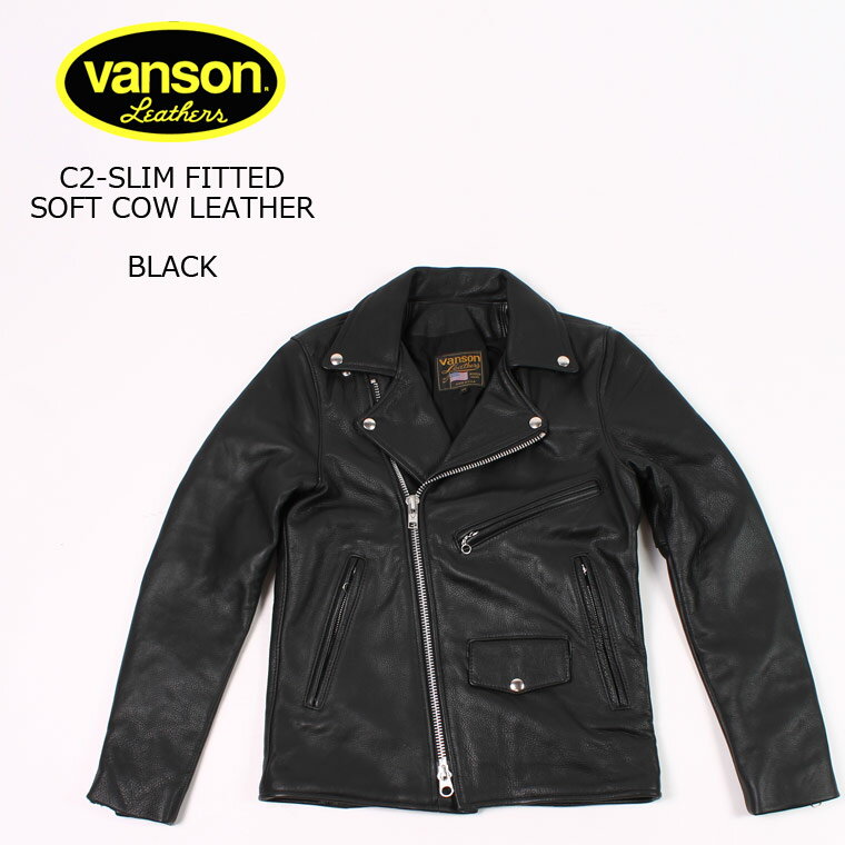 バンソン ライダースジャケット メンズ VANSON (バンソン) C2-SLIM FITTED SOFT COW LEATHER - BLACK レザージャケット メンズ