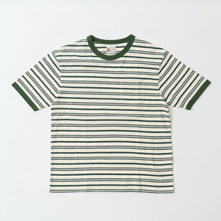 Rakuten - 【対象ボーダーTシャツ2枚購入でノベルティプレゼント】FELCO (フェルコ) S/S RINGER POCKET TEE RETEO SPEC STRIPE - 130 GREEN リンガーストライプTシャツ メンズ